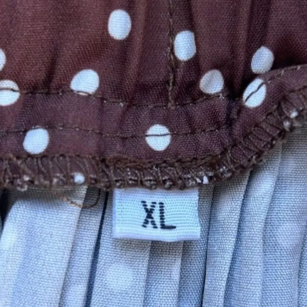 Womens Mocha Brown Pleated Midi Skirt XL Polka Dot Retro Classic Flowy High-Rise